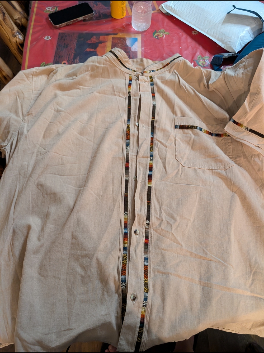Men's Beige Short-Sleeve Button Shirt with Multicolor Trim